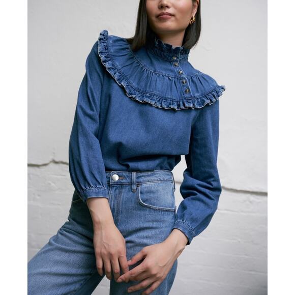 Seventy + Mochi Victoria Denim Blouse (Sz 8) Frill Collar Washed Indigo - Picture 2 of 11